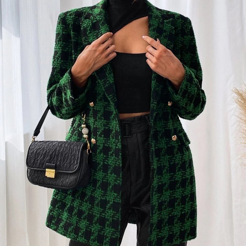 tweed Houndstooth Overcoat Green And Black